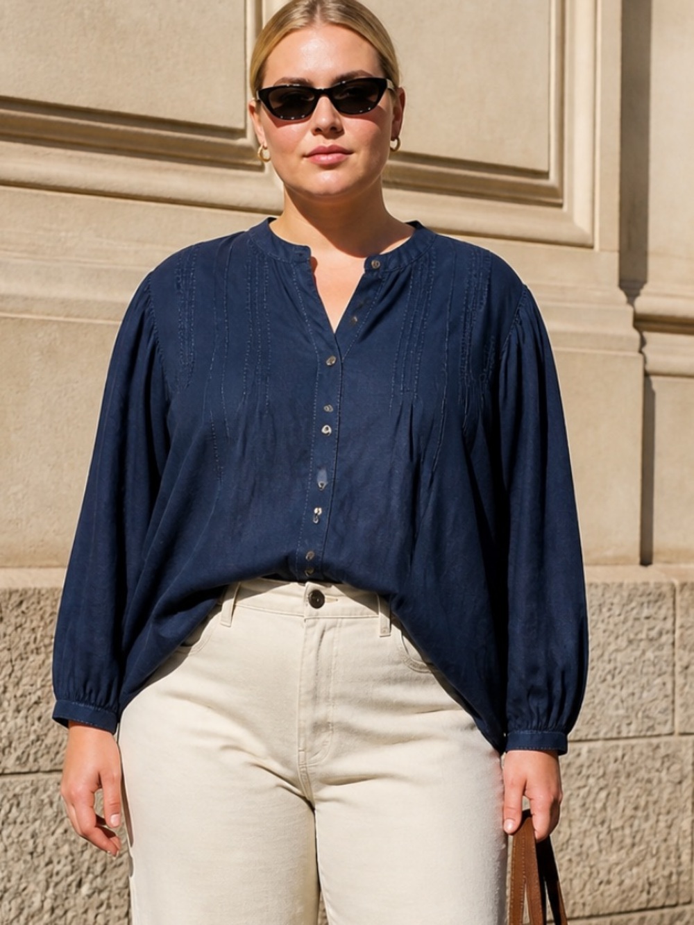 Time and Tru Navy Button-Front Pintuck Blouse